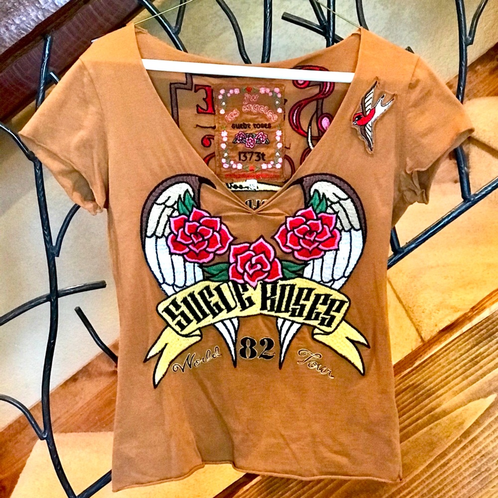 Johnny Was Suede Roses Embroidered Tee XS